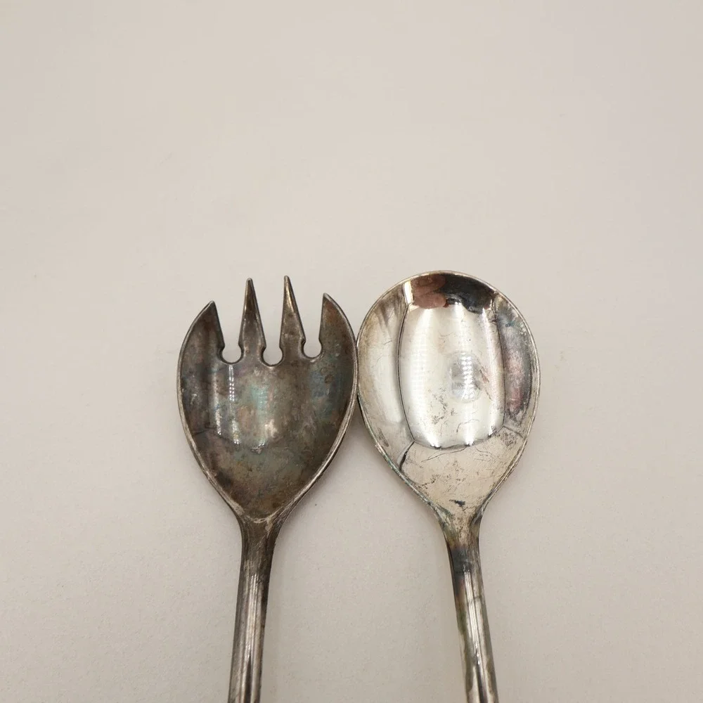 Vintage Silver Plated Italy Salad Servers Spoon and Fork Set Tarnish Patina 9